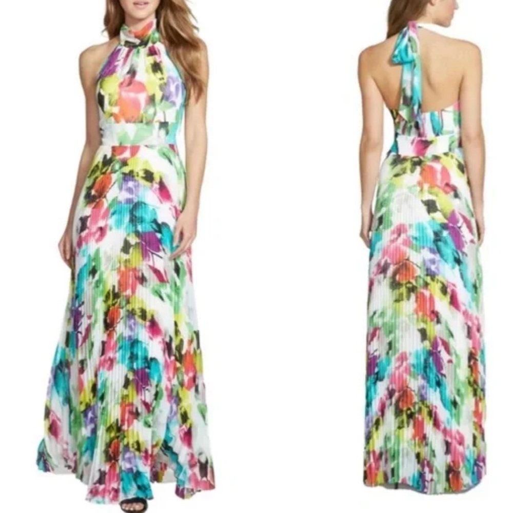 NWT Eliza J Floral Halter Maxi Dress Sz 2 Pleated Backless Tie Neck Smocked Glam